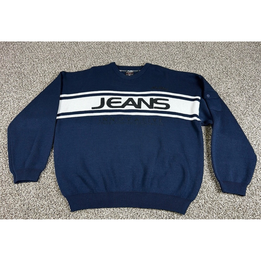 Vintage Fubu Sport Knit Sweater‎ Mens Size XXL The Collection Oversized Blue